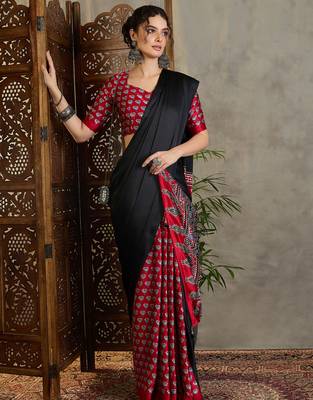 Red traditional ready wear saree with blouse material 2