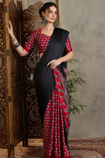 Red traditional ready wear saree with blouse material