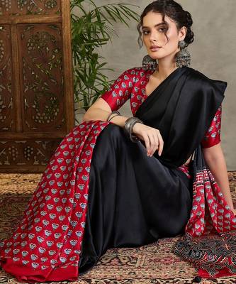Red traditional ready wear saree with blouse material 3