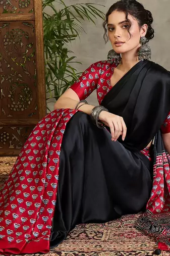Red traditional ready wear saree with blouse material