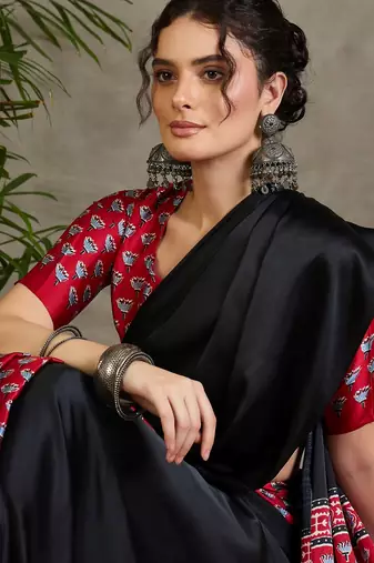 Red traditional ready wear saree with blouse material