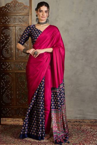 Blue silk blend ready made saree with blouse piece