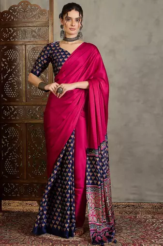 Blue silk blend ready made saree with blouse piece