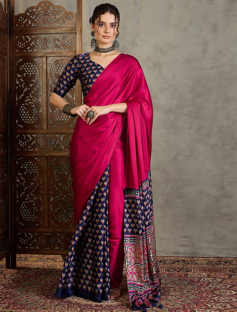 Blue silk blend ready made saree with blouse piece
