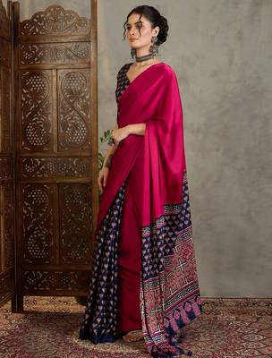Blue silk blend ready made saree with blouse piece 2