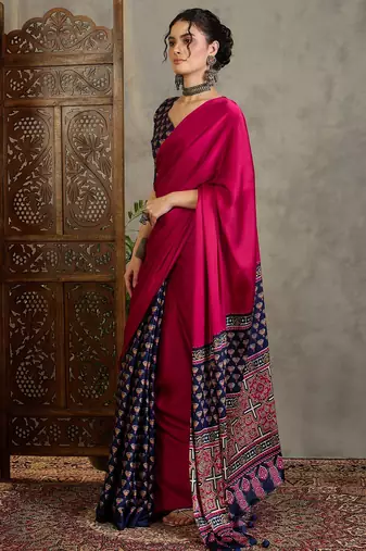 Blue silk blend ready made saree with blouse piece