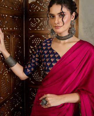 Blue silk blend ready made saree with blouse piece 3