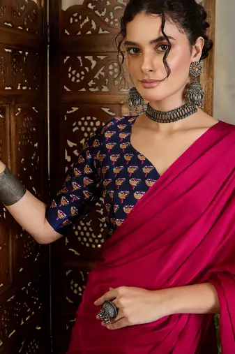 Blue silk blend ready made saree with blouse piece