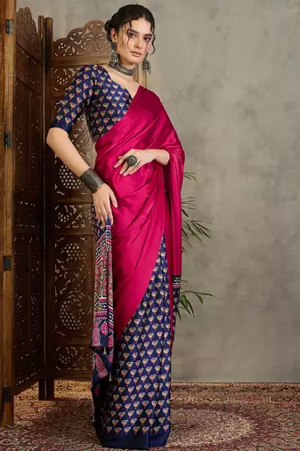 Blue silk blend ready made saree with blouse piece