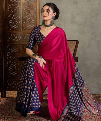 Blue silk blend ready made saree with blouse piece 5