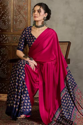 Blue silk blend ready made saree with blouse piece