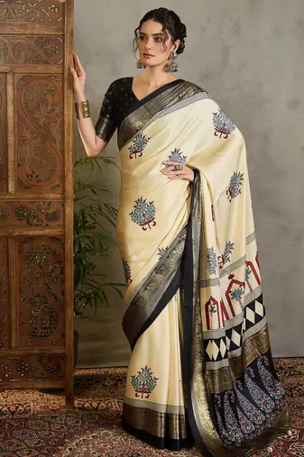Cream festive collection ready pleated saree with blouse