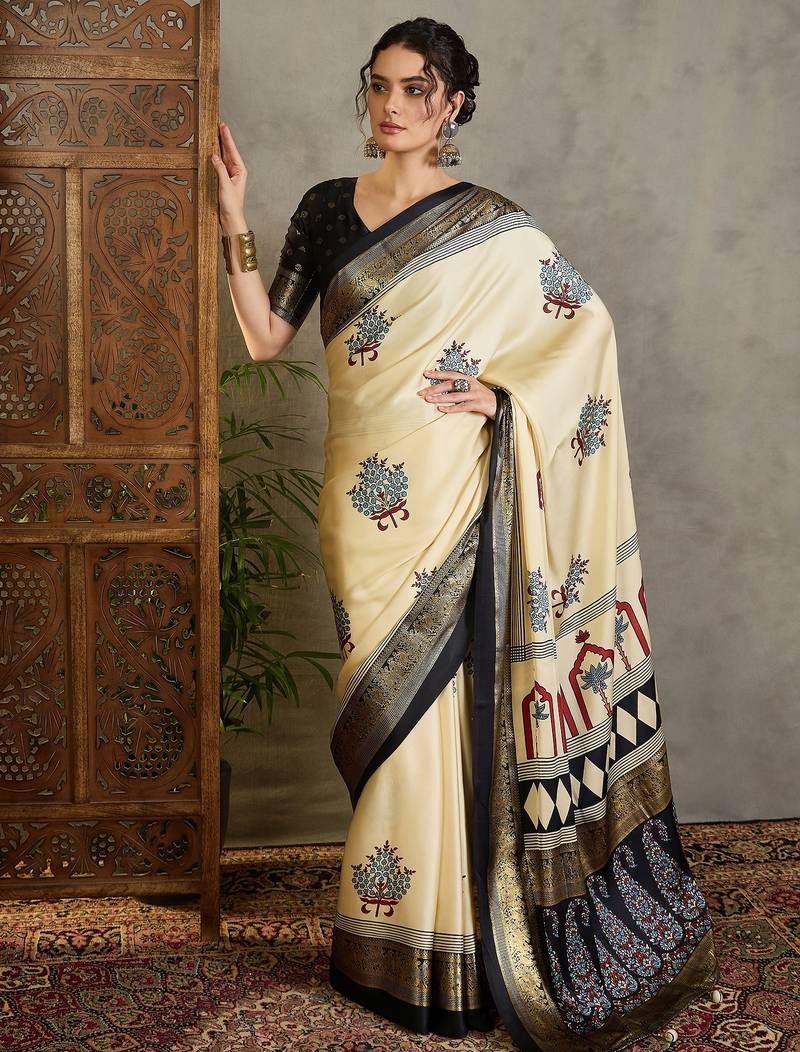 Cream festive collection ready pleated saree with blouse