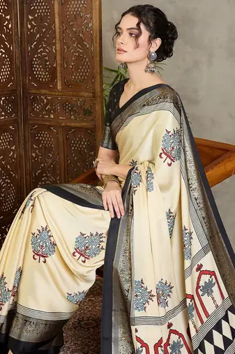 Cream festive collection ready pleated saree with blouse