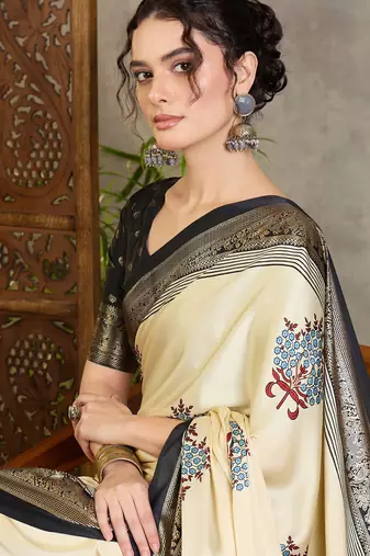 Cream festive collection ready pleated saree with blouse