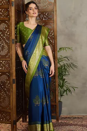 Blue elegant ready to drape saree with blouse material