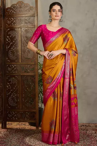Yellow indian traditional ready wear saree for women