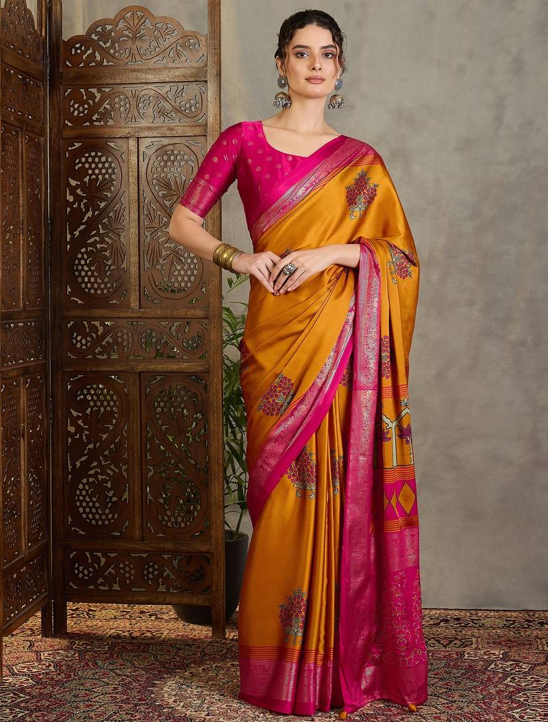 Yellow indian traditional ready wear saree for women