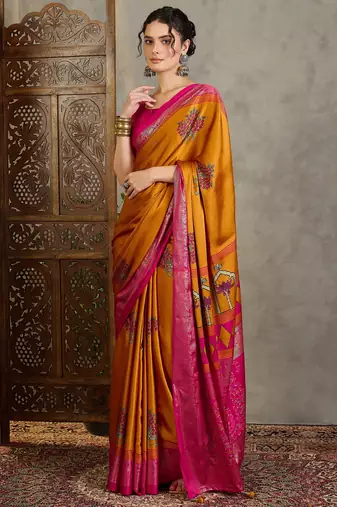 Yellow indian traditional ready wear saree for women