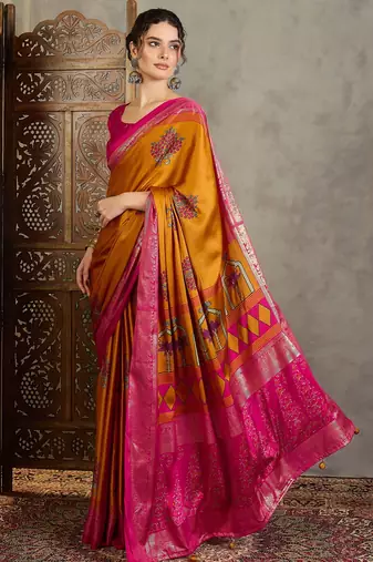 Yellow indian traditional ready wear saree for women