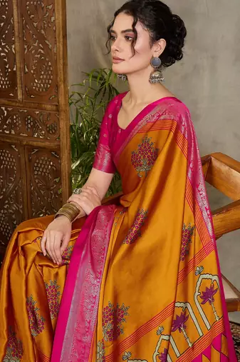 Yellow indian traditional ready wear saree for women