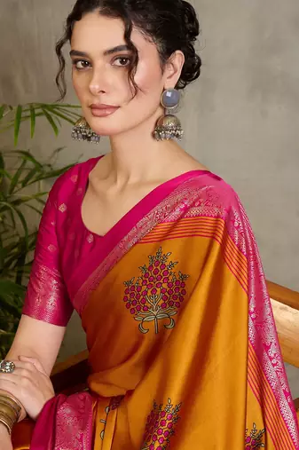 Yellow indian traditional ready wear saree for women