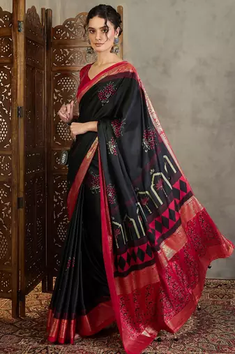 Black trendy pre stitched saree with unstitched blouse