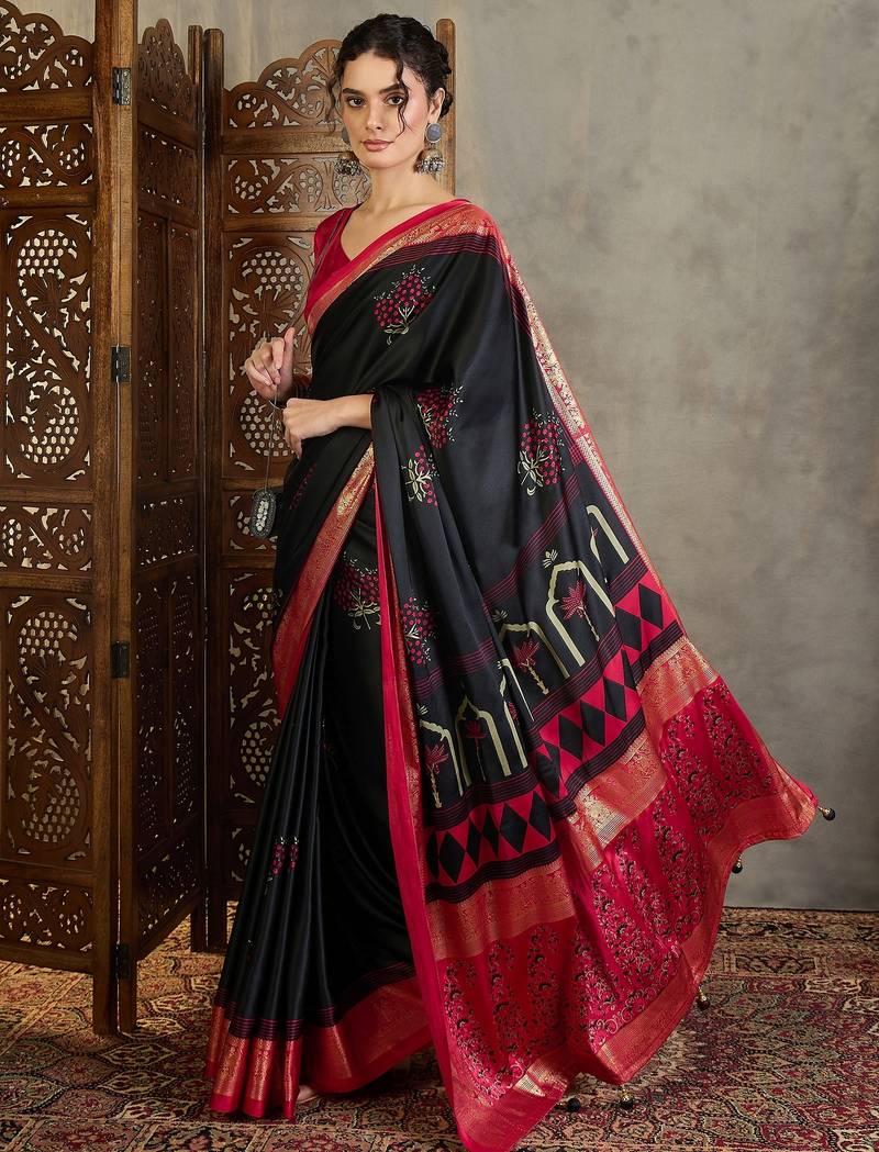 Black trendy pre stitched saree with unstitched blouse