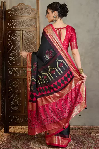 Black trendy pre stitched saree with unstitched blouse