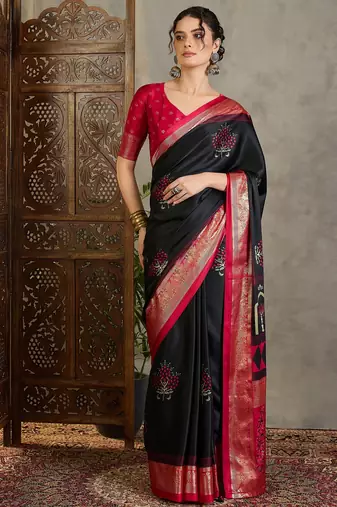 Black trendy pre stitched saree with unstitched blouse