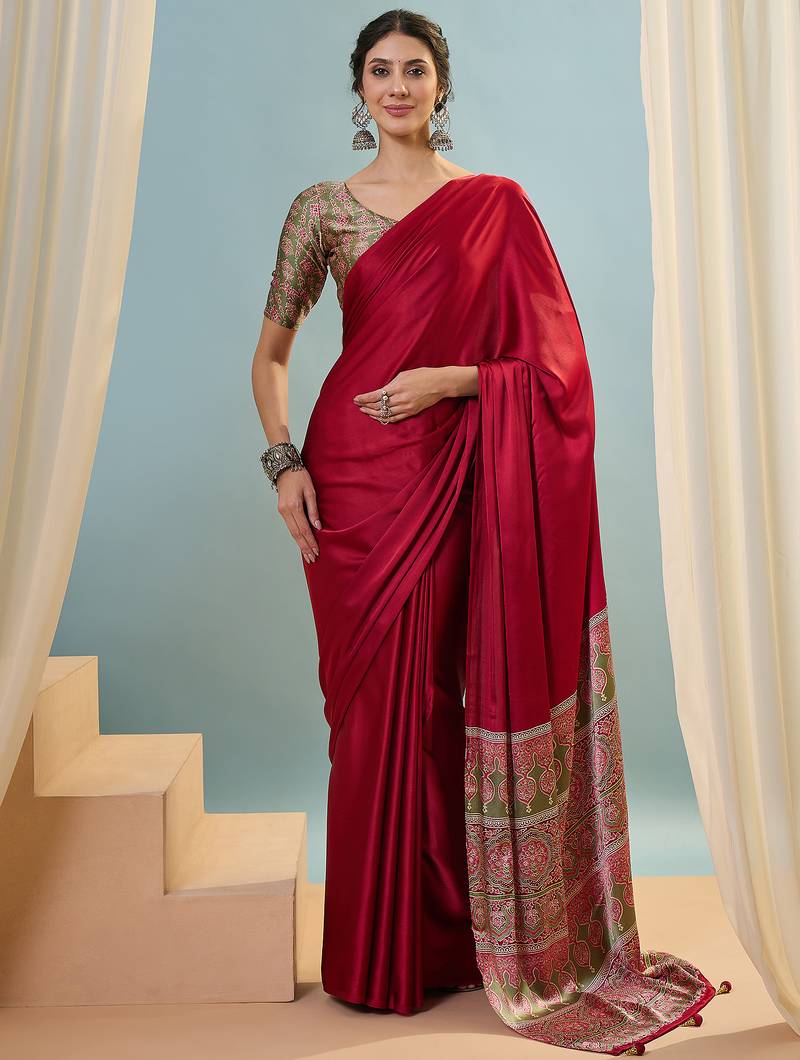 Red premium party wear ready pleated saree