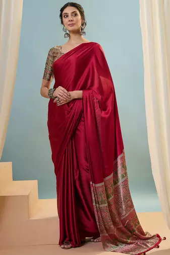 Red premium party wear ready pleated saree