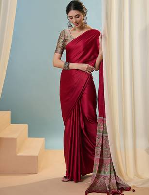 Red  party wear ready pleated saree 3
