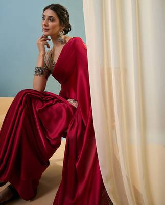 Red  party wear ready pleated saree 4