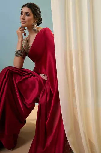 Red premium party wear ready pleated saree