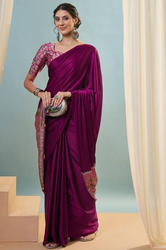 Wine ready to drape saree with unstitched designer blouse