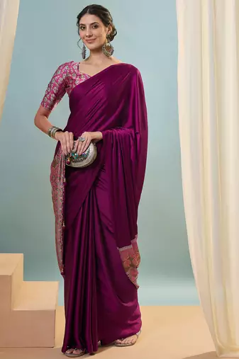 Wine ready to drape saree with unstitched designer blouse