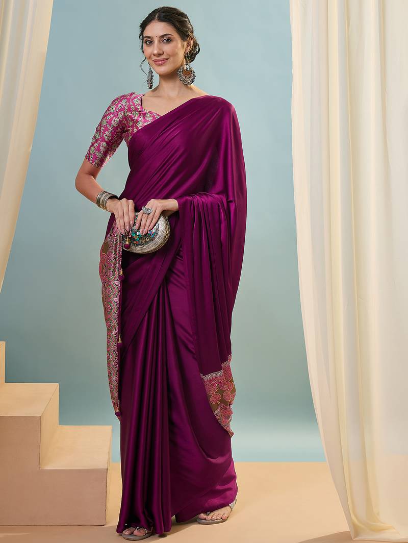 Wine ready to drape saree with unstitched designer blouse