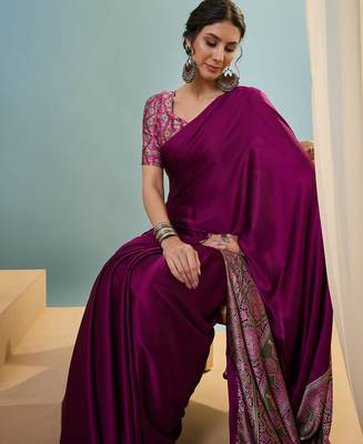 Wine ready to drape saree with unstitched designer blouse 2