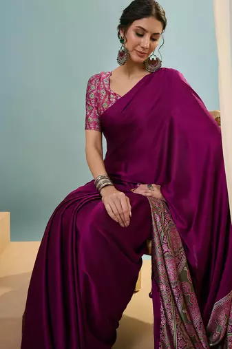 Wine ready to drape saree with unstitched designer blouse