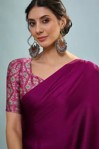 Wine ready to drape saree with unstitched designer blouse