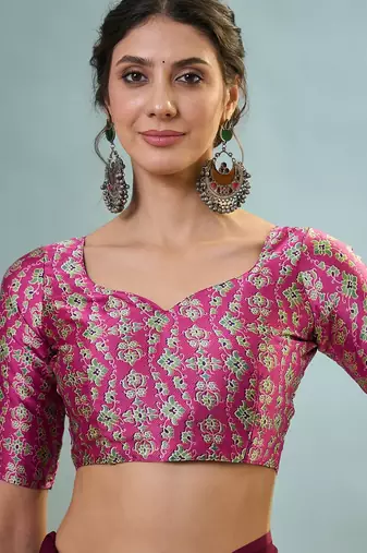 Wine ready to drape saree with unstitched designer blouse