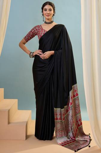 Black embroidered ready wear saree for women