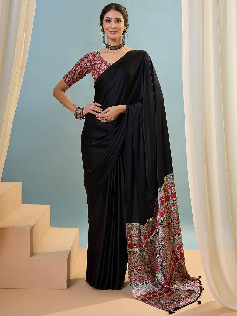 Black embroidered ready wear saree for women