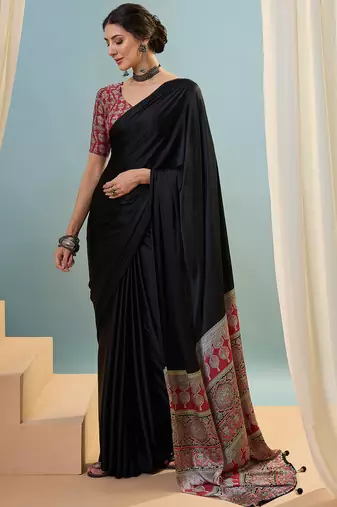 Black embroidered ready wear saree for women