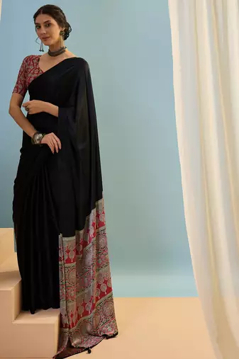 Black embroidered ready wear saree for women
