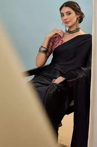 Black embroidered ready wear saree for women