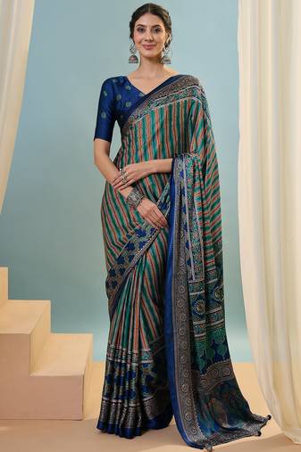Blue instant wear designer saree with blouse fabric
