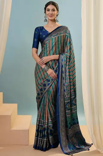 Blue instant wear designer saree with blouse fabric