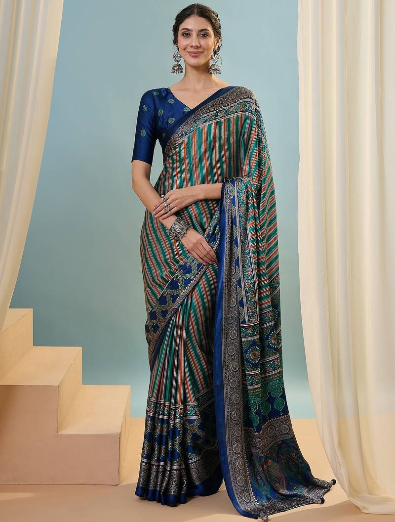 Blue instant wear designer saree with blouse fabric